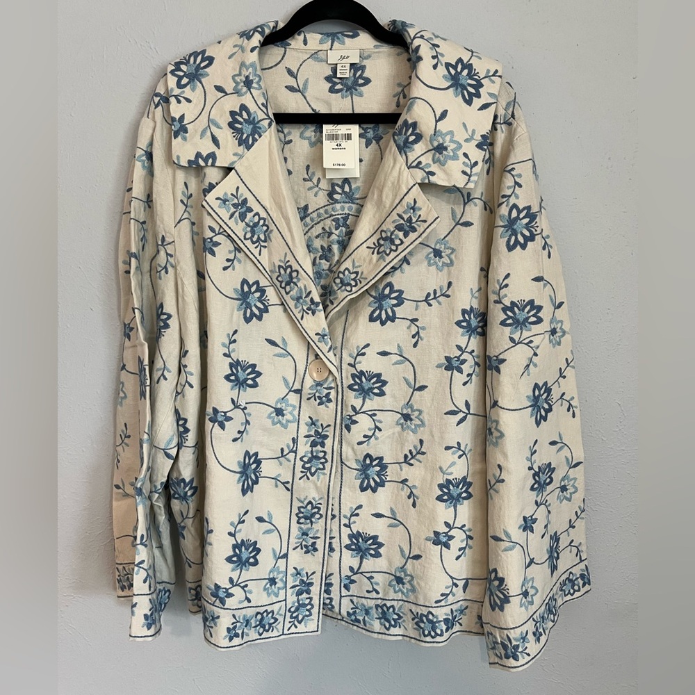 J.JILL LINEN CREAM AND BLUE EMBROIDERED JACKET - 4X - NWT